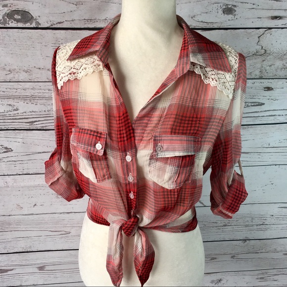 American Rag Tops - American rag red plaid, crochet lace button front